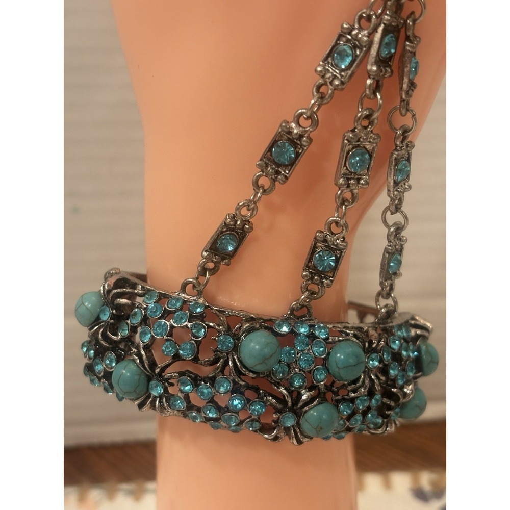 Vintage Bluestone Faux Turquoise Silver Tone Spider Slave Bracelet Sizable Ring - Picture 2 of 4